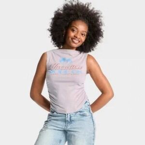Wild Fable Women Tank Top Vacation Mode On Graphic Muscle Tee Light Gray Size M